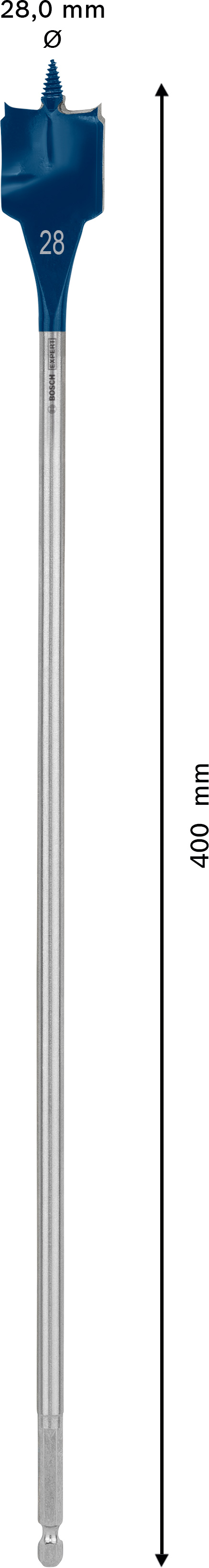 Plochý frézovací vrták do dřeva Bosch EXPERT Self Cut Speed Dostupné varianty: Plochý frézovací vrták do dřeva Bosch EXPERT Self Cut Speed 28 x 400 mm