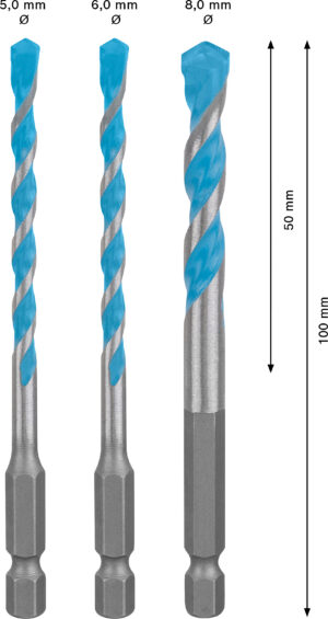 Sada víceúčelových vrtáků HEX-9 Bosch EXPERT MultiConstruction Dostupné varianty: 3dílná sada víceúčelových vrtáků HEX-9 Bosch EXPERT MultiConstruction 5/6/8 mm